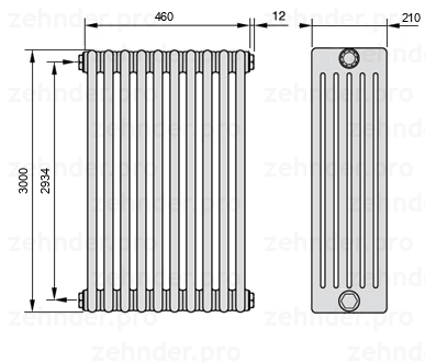 Схема (чертеж) Радиатор Zehnder Charleston 6300/10 №1270 Белый глянцевый RAL 9016